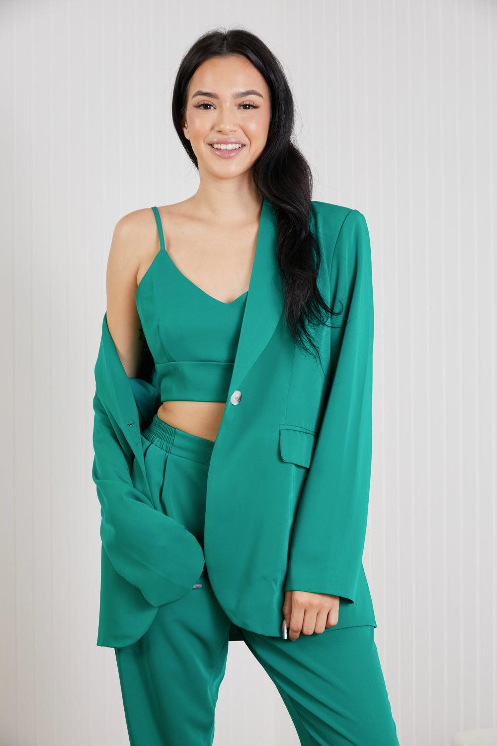 GeeGee Wall Street Full Size Bra, Blazer, and Pants Set in Kelly Green