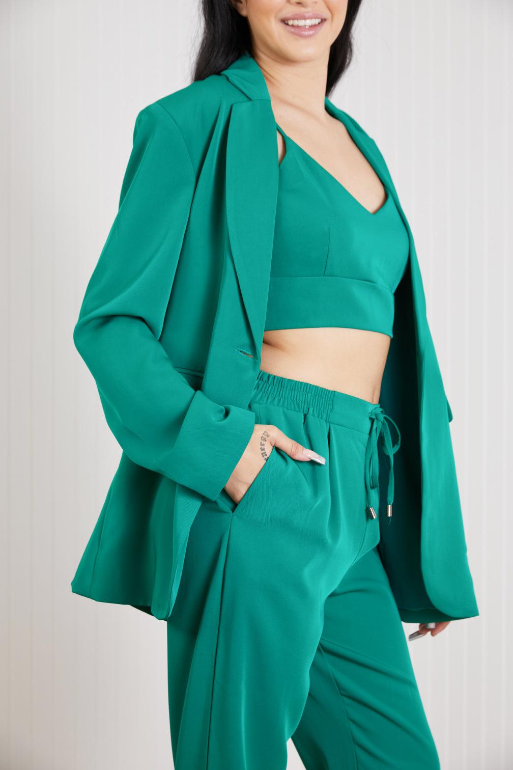 GeeGee Wall Street Full Size Bra, Blazer, and Pants Set in Kelly Green