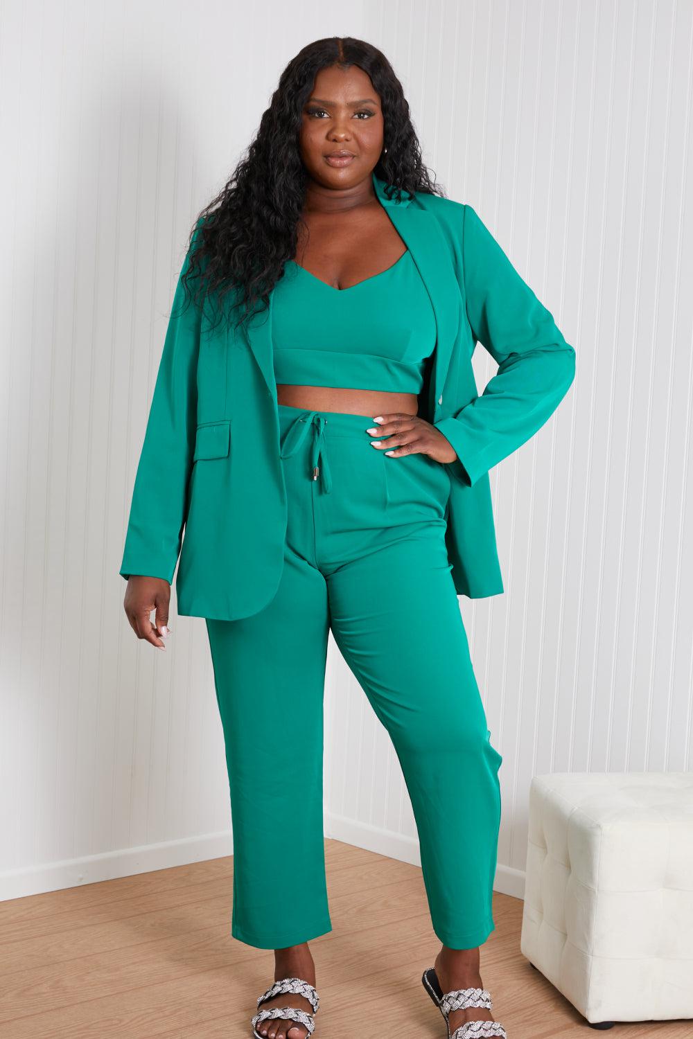 GeeGee Wall Street Full Size Bra, Blazer, and Pants Set in Kelly Green