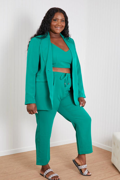 GeeGee Wall Street Full Size Bra, Blazer, and Pants Set in Kelly Green