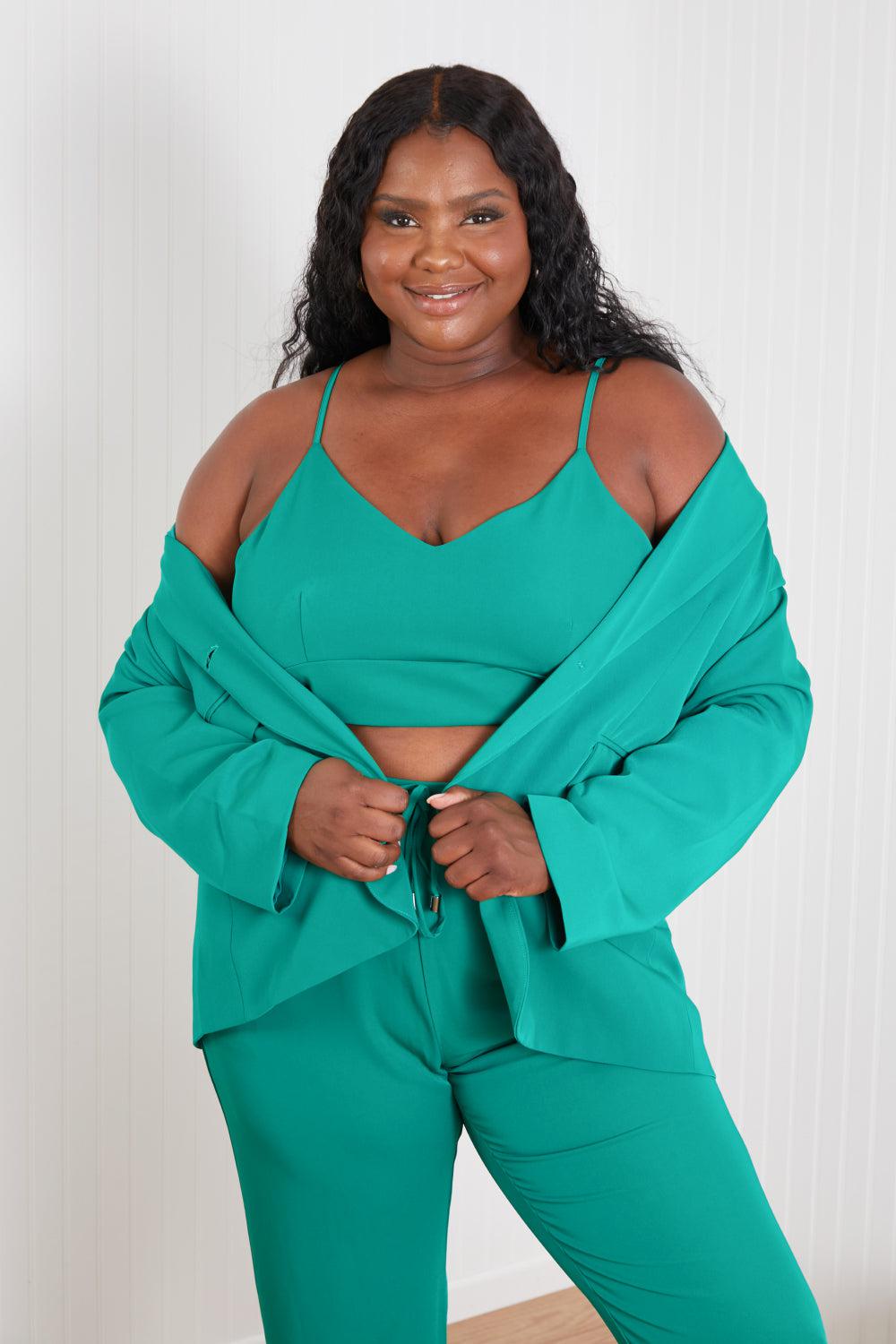 GeeGee Wall Street Full Size Bra, Blazer, and Pants Set in Kelly Green