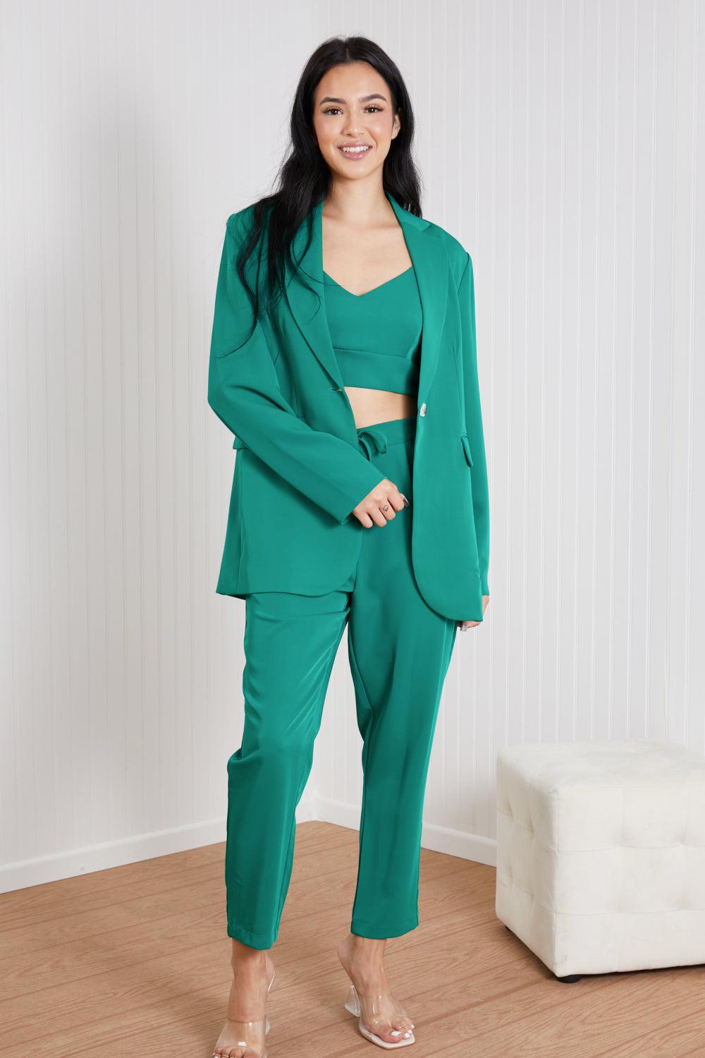 GeeGee Wall Street Full Size Bra, Blazer, and Pants Set in Kelly Green