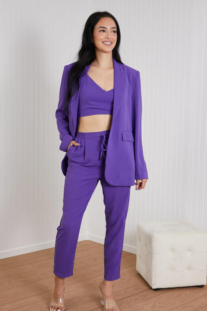 GeeGee Wall Street Full Size Bra, Blazer, and Pants Set in Purple
