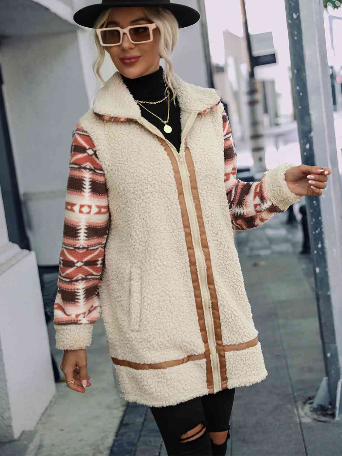 Geometric Zip-Up Collared Sherpa Jacket