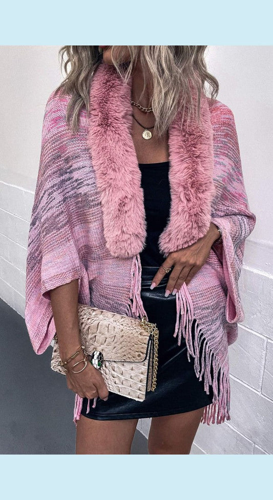 Heathered Neck Trim Fringed Poncho