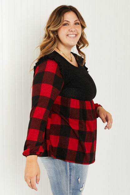 Heimish Full Size Plaid Contrast Ruffle Shoulder Babydoll Top in Black/Red