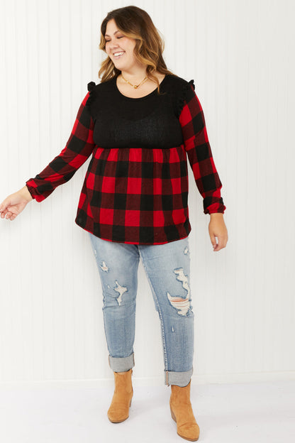 Heimish Full Size Plaid Contrast Ruffle Shoulder Babydoll Top in Black/Red