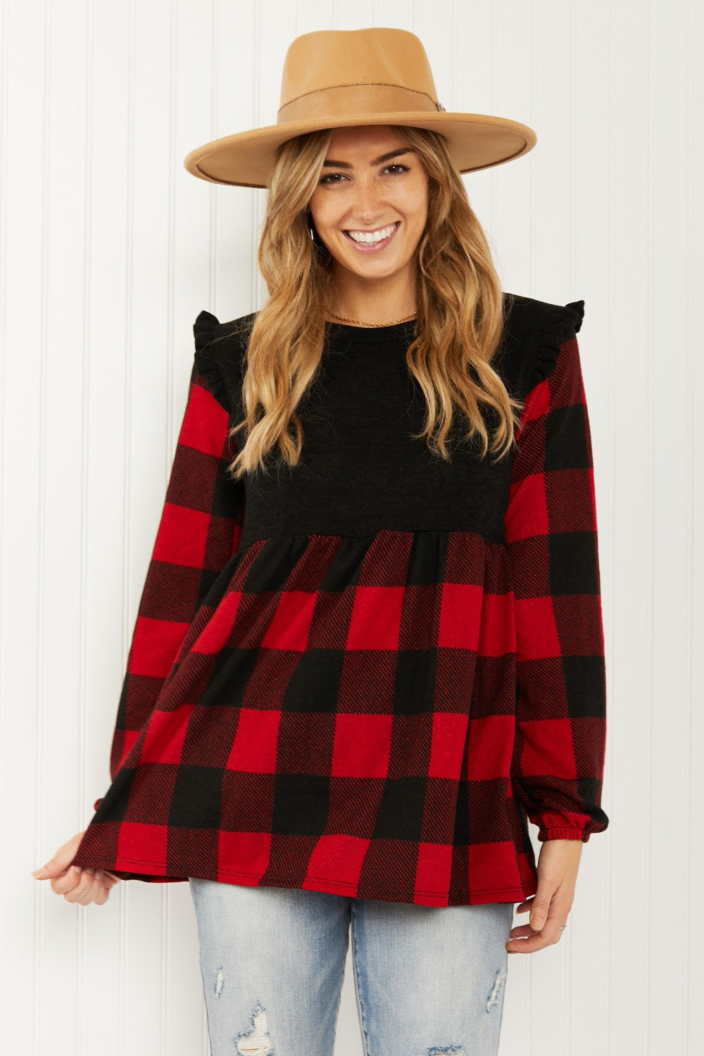 Heimish Full Size Plaid Contrast Ruffle Shoulder Babydoll Top in Black/Red