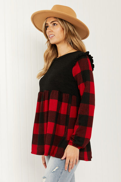 Heimish Full Size Plaid Contrast Ruffle Shoulder Babydoll Top in Black/Red