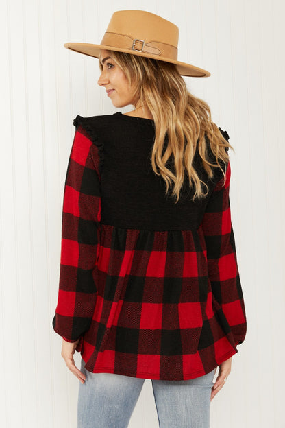 Heimish Full Size Plaid Contrast Ruffle Shoulder Babydoll Top in Black/Red