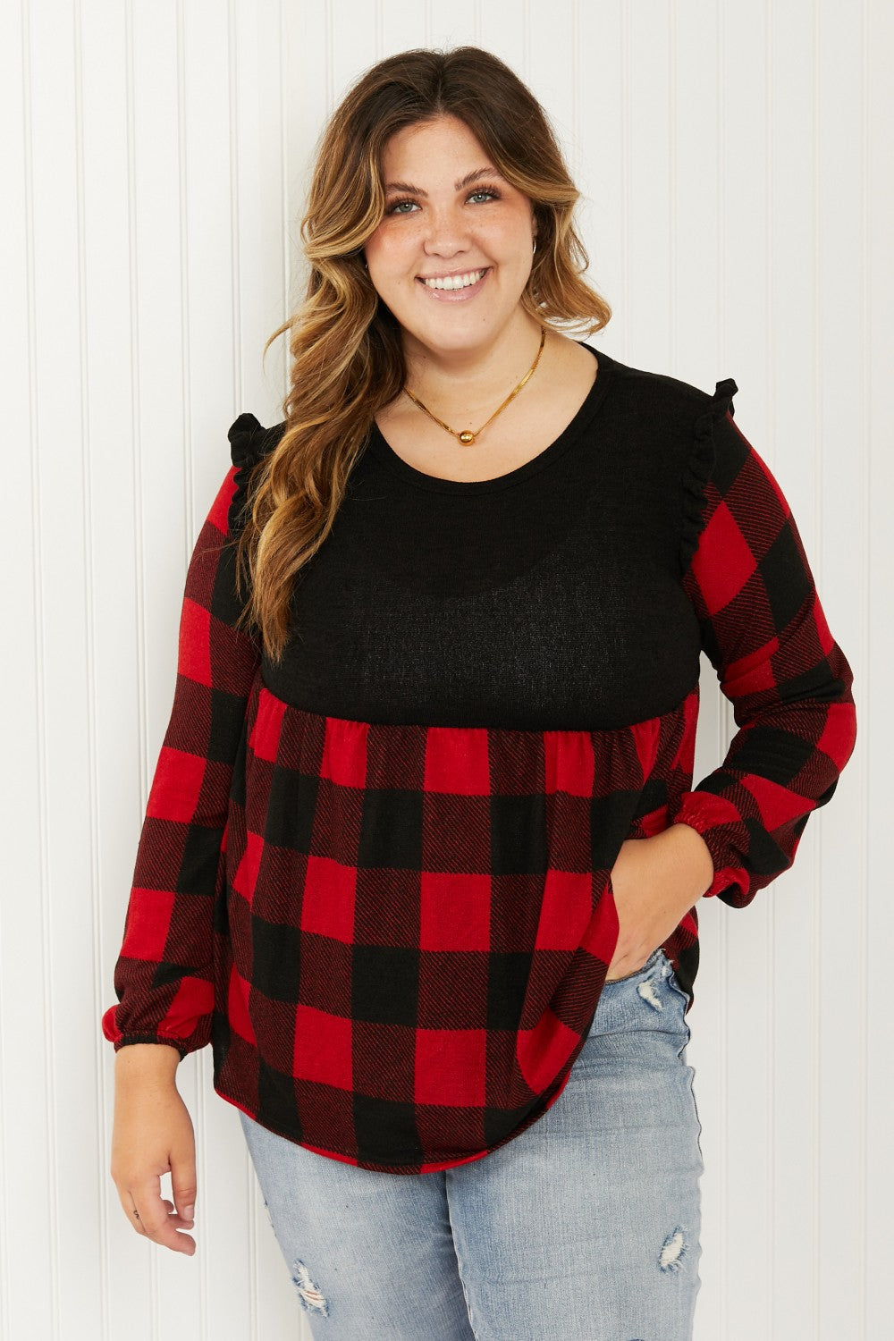 Heimish Full Size Plaid Contrast Ruffle Shoulder Babydoll Top in Black/Red