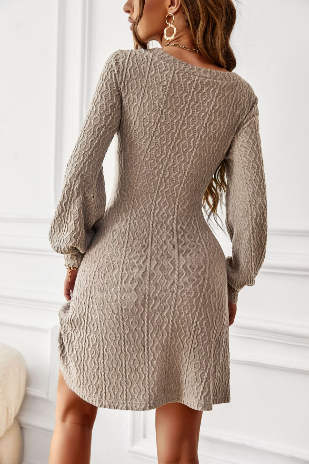 Lantern Sleeve V-Neck Textured Knit Dress