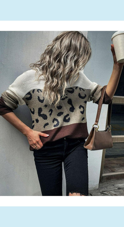 Leopard Color Block Ribbed Trim Tunic Sweater