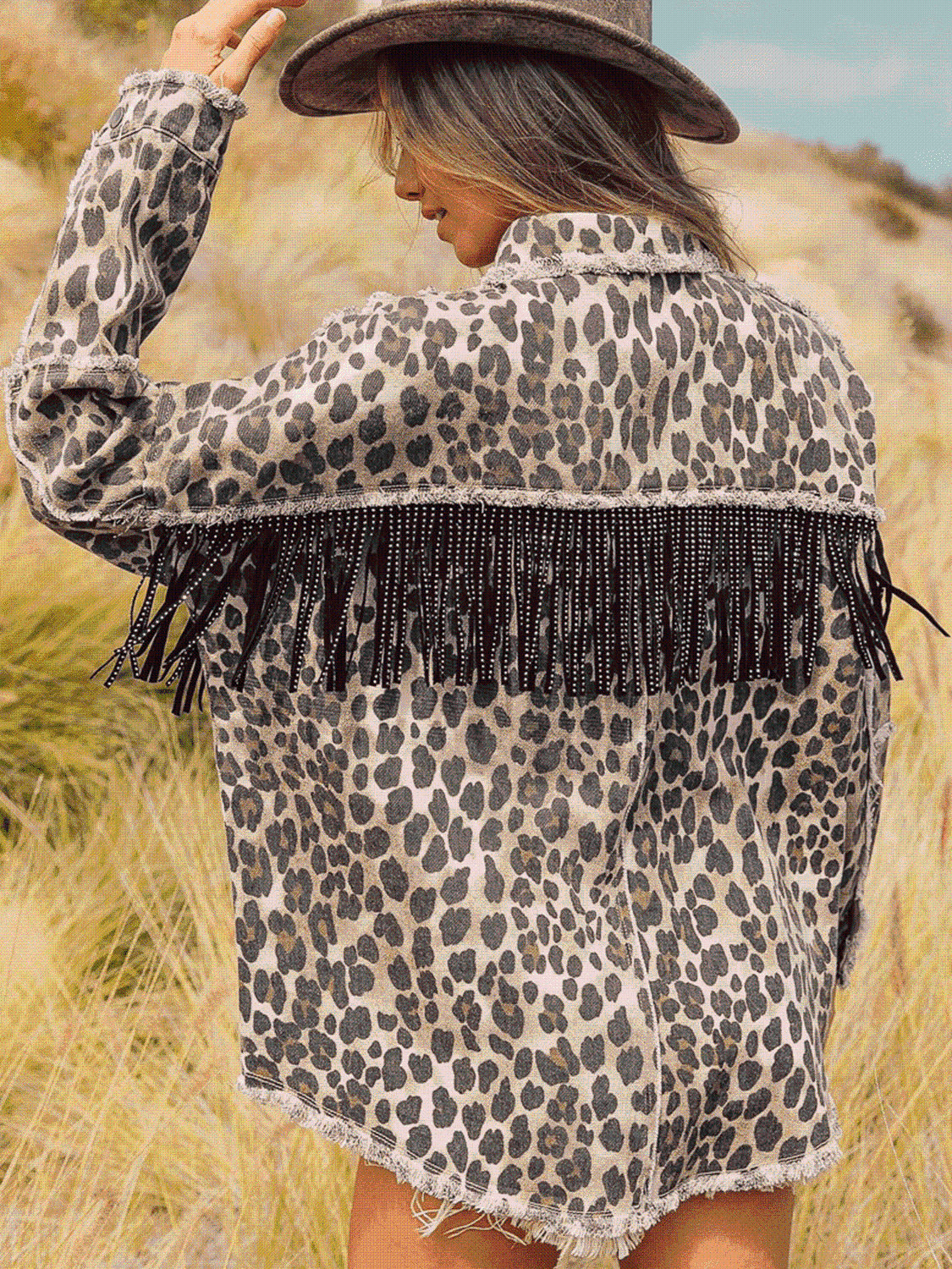 Leopard Fringe Detail Collared Neck Denim Jacket