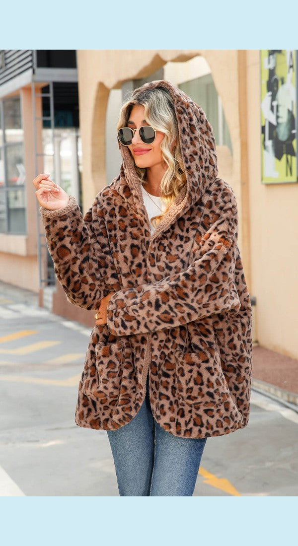 Leopard Open Front Hooded Teddy Jacket with Pockets