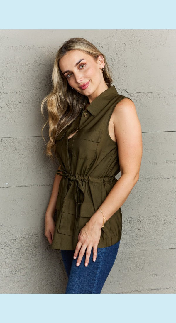 Ninexis Follow The Light Sleeveless Collared Button Down Top