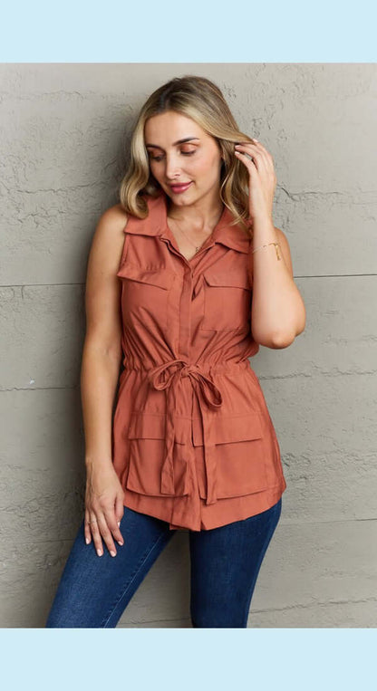 Ninexis Follow The Light Sleeveless Collared Button Down Top