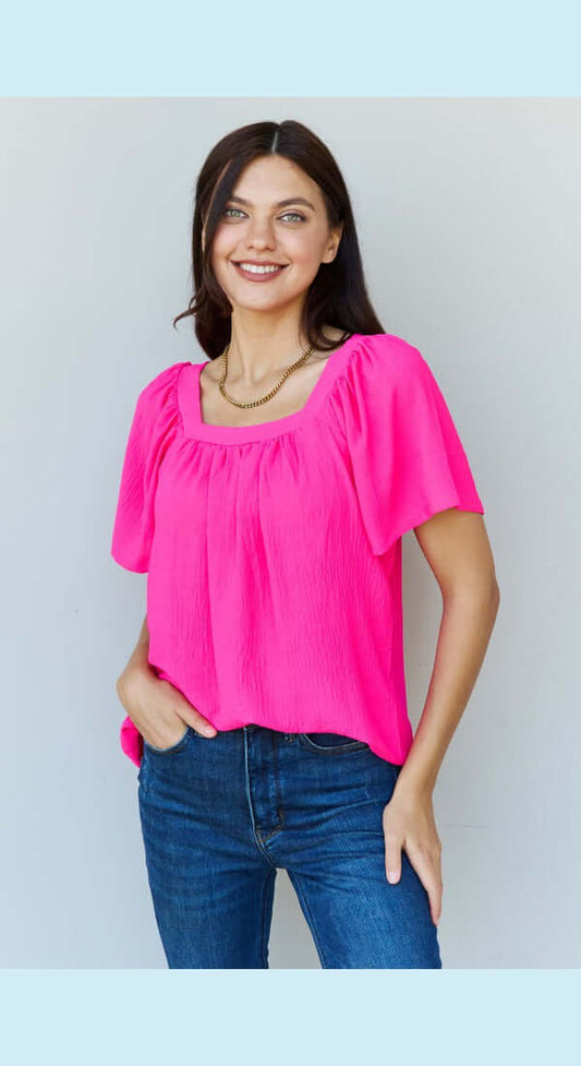 Ninexis Keep Me Close Square Neck Short Sleeve Blouse in Fuchsia