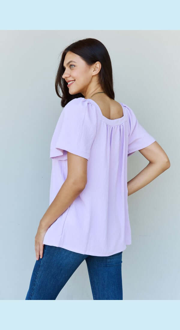 Ninexis Keep Me Close Square Neck Short Sleeve Blouse in Lavender