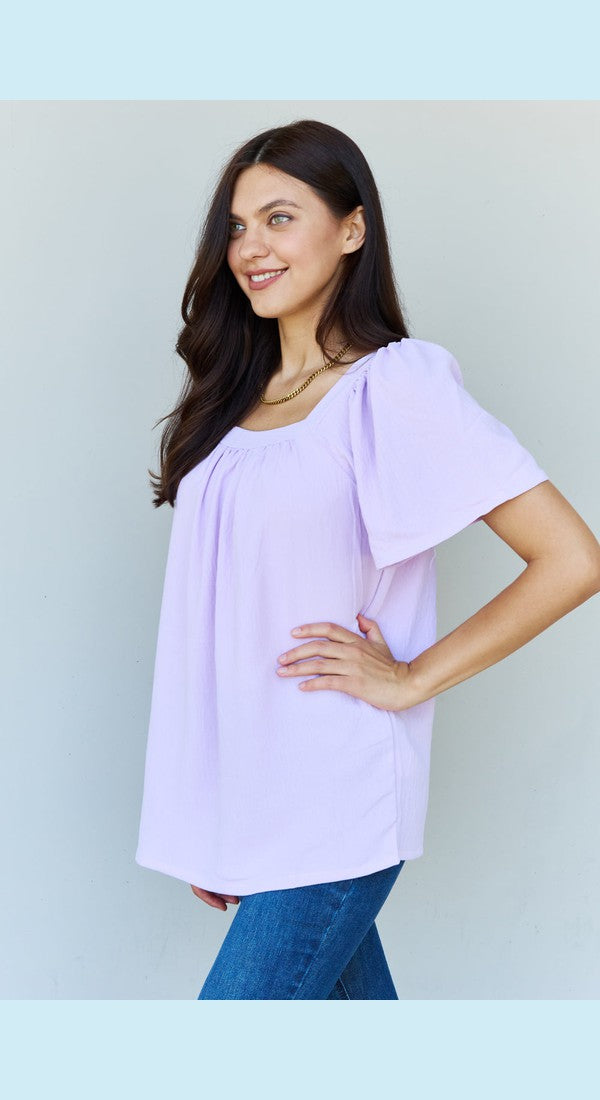 Ninexis Keep Me Close Square Neck Short Sleeve Blouse in Lavender