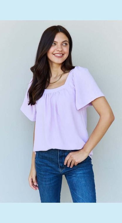 Ninexis Keep Me Close Square Neck Short Sleeve Blouse in Lavender