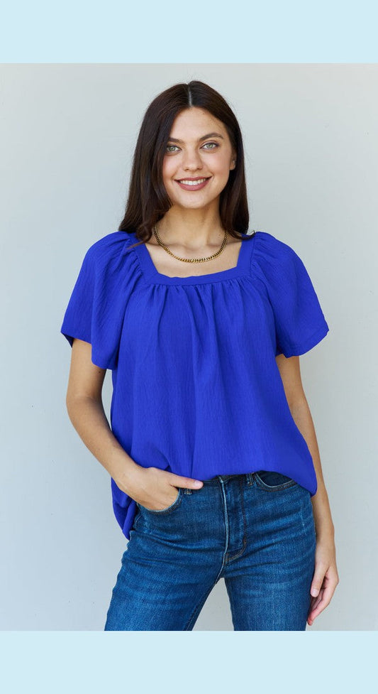 Ninexis Keep Me Close Square Neck Short Sleeve Blouse in Royal