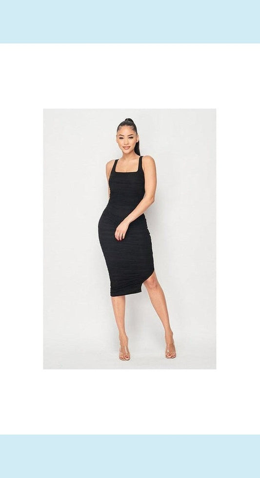 PRIVY Ruched Sleeveless Midi Dress with Side Slit