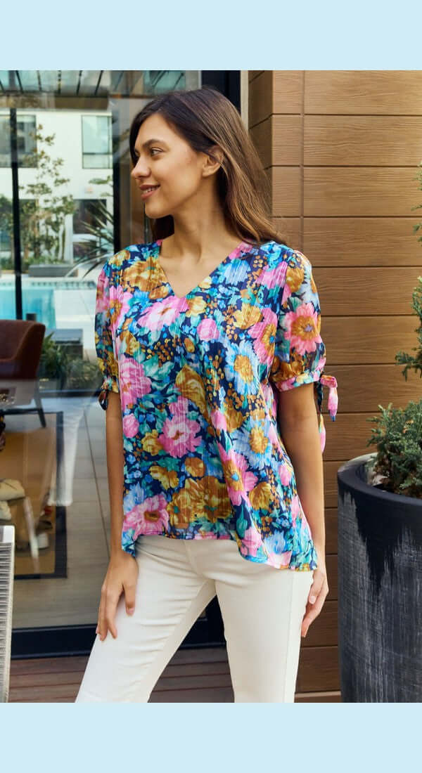 Petal Dew Full Size Floral V-Neck Tie Detail Blouse