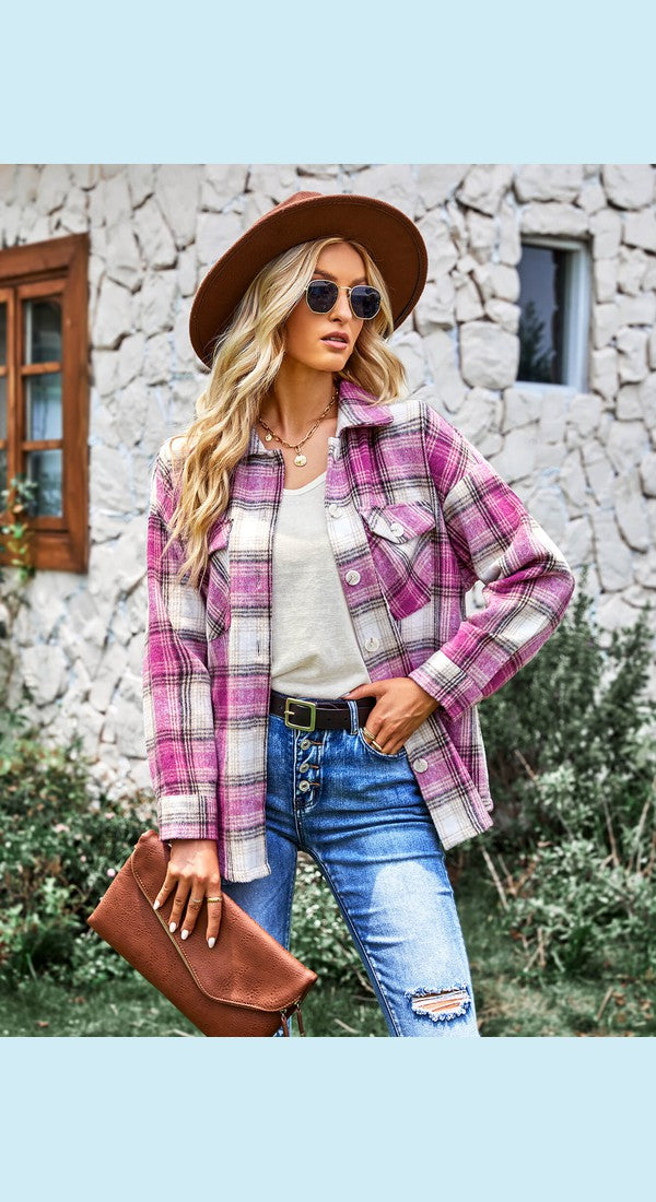 Plaid Button Front Curved Hem Shacket