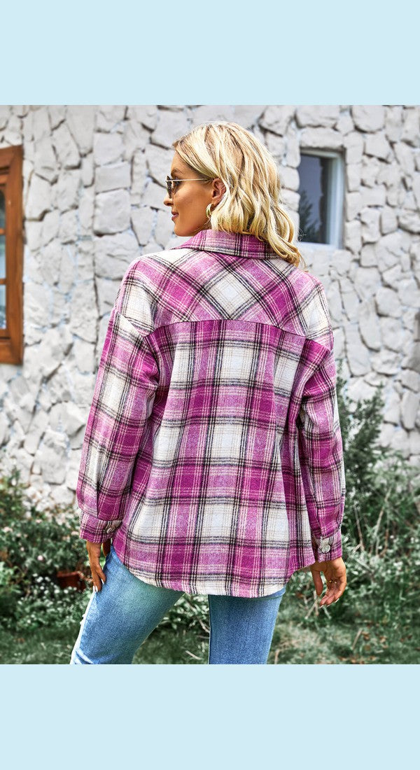 Plaid Button Front Curved Hem Shacket