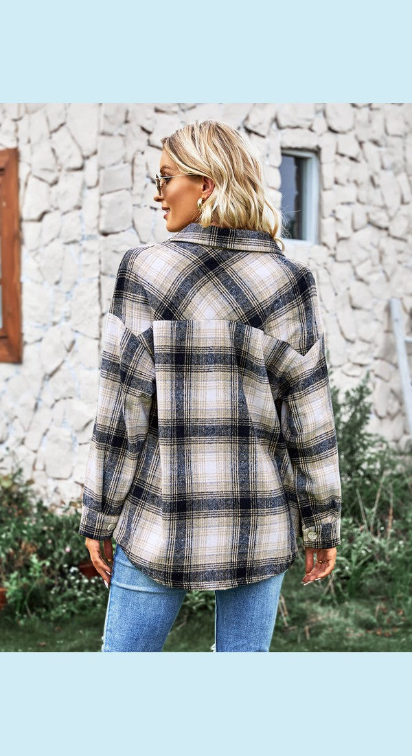 Plaid Button Front Curved Hem Shacket