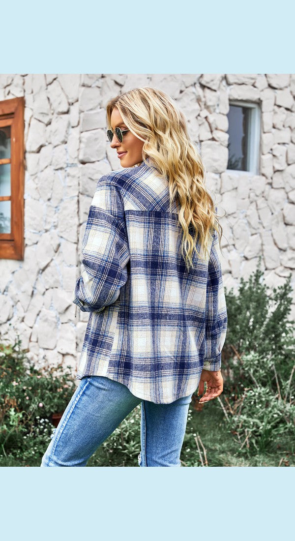 Plaid Button Front Curved Hem Shacket