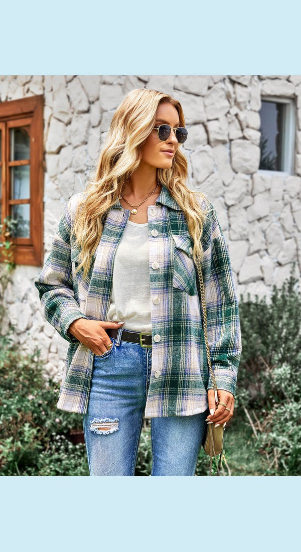 Plaid Button Front Curved Hem Shacket