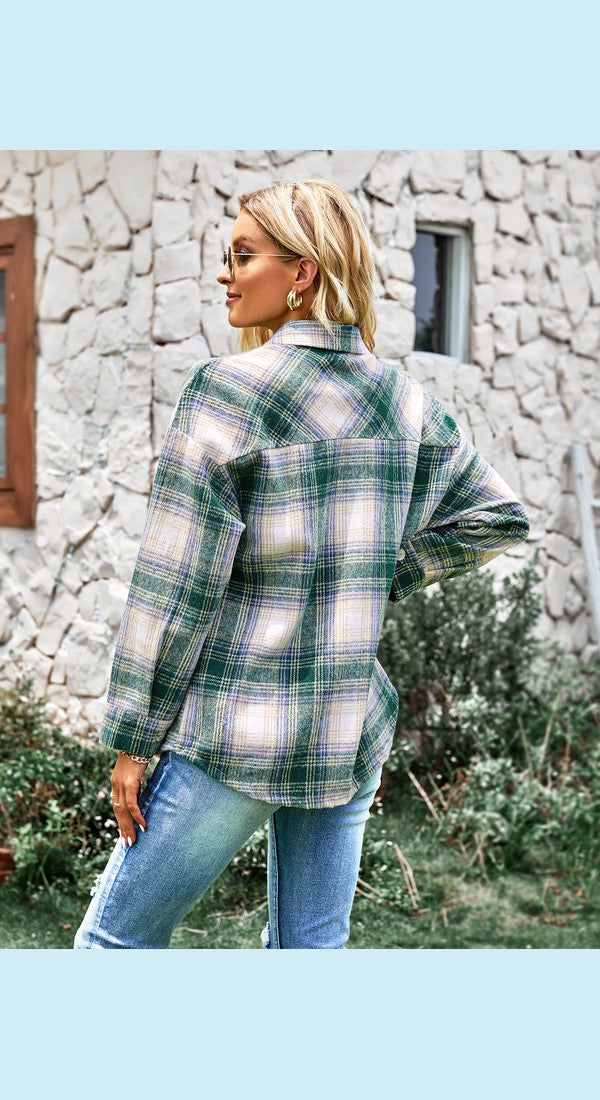 Plaid Button Front Curved Hem Shacket