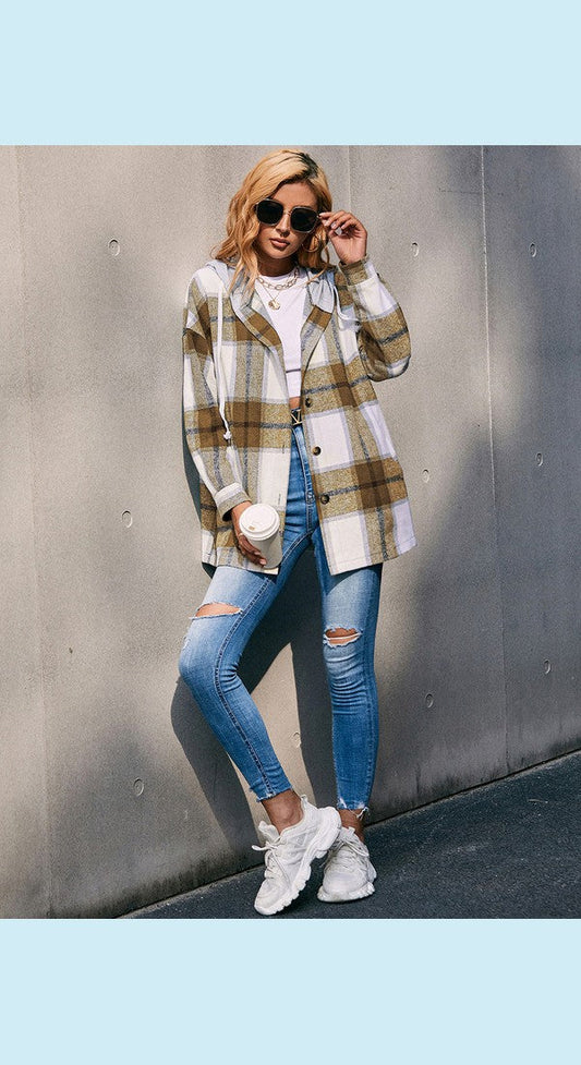 Plaid Dropped Shoulder Hooded Jacket