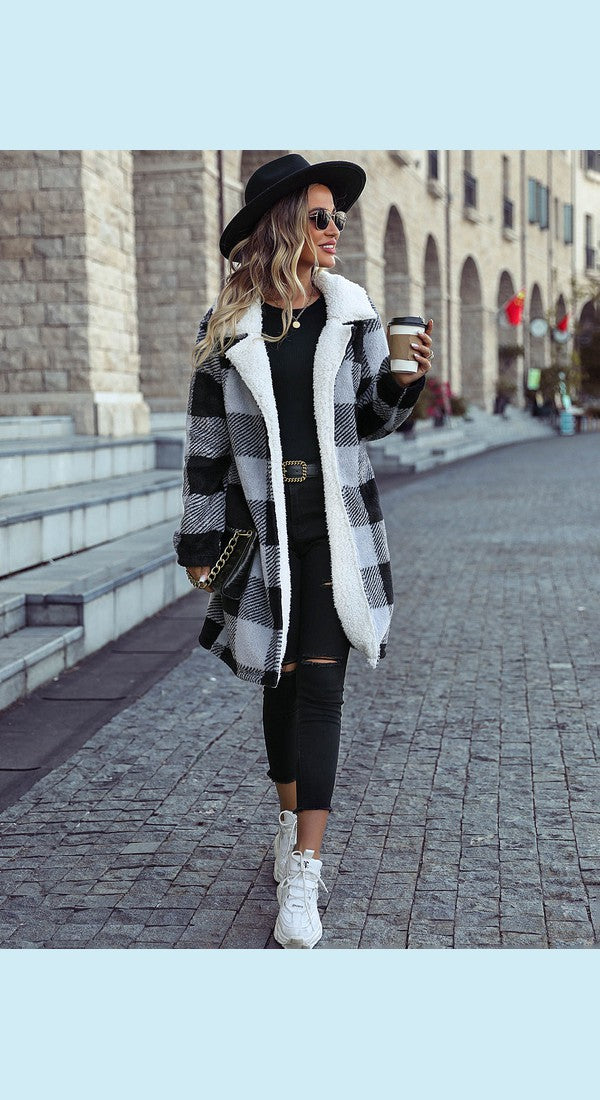 Plaid Lapel Collar Brushed Coat