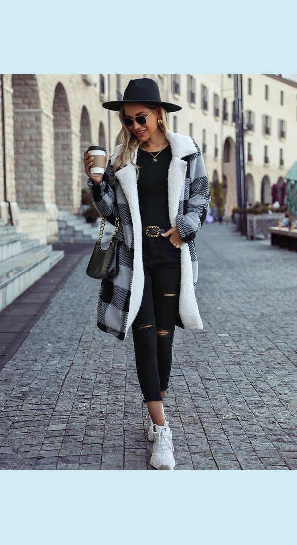 Plaid Lapel Collar Brushed Coat