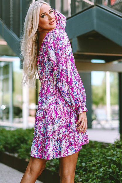 Printed Frill Trim Flounce Sleeve Dress