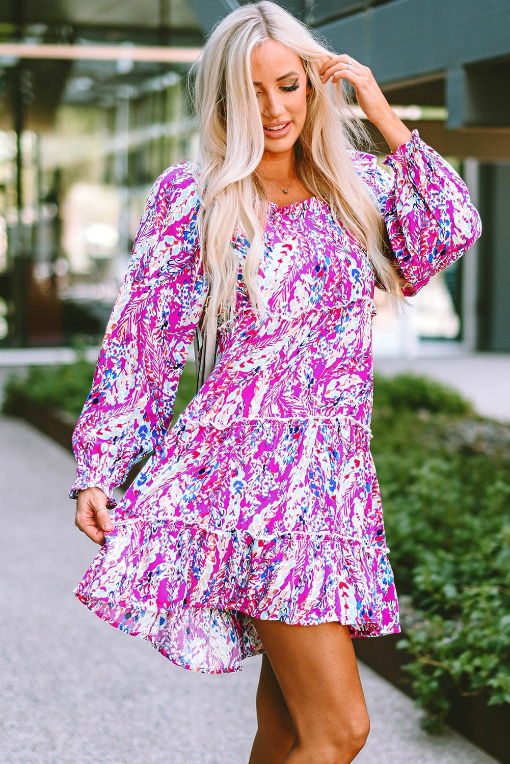 Printed Frill Trim Flounce Sleeve Dress