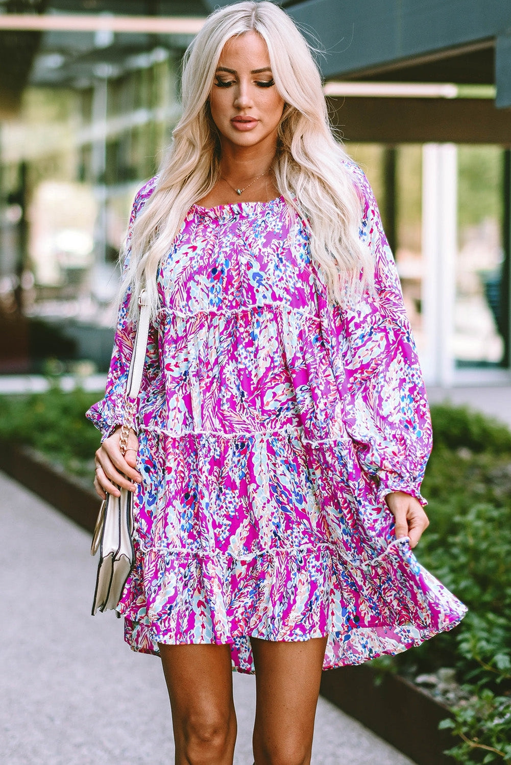 Printed Frill Trim Flounce Sleeve Dress