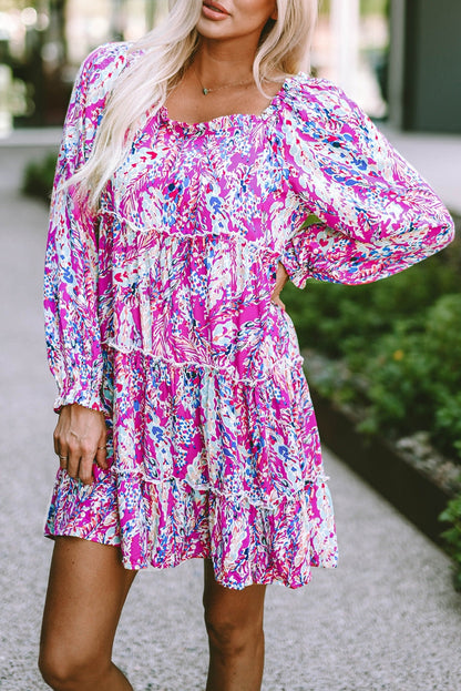 Printed Frill Trim Flounce Sleeve Dress