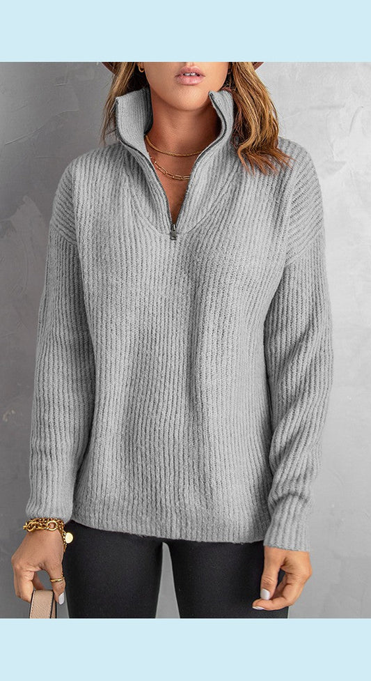 Quarter-Zip Rib-Knit Dropped Shoulder Knit Pullover