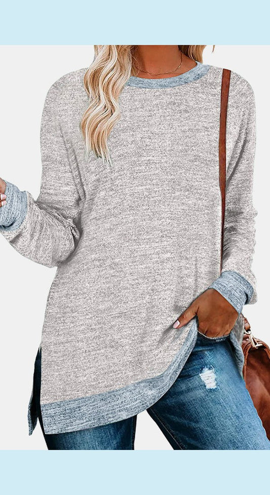 Round Neck Long Sleeve Slit T-Shirt