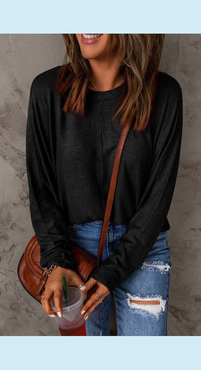 Seam Detail Round Neck Long Sleeve Top