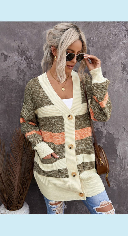 Striped Button Down Longline Cardigan with Pockets