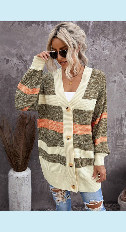 Striped Button Down Longline Cardigan with Pockets