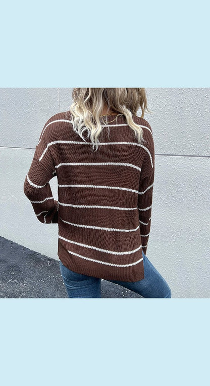 Striped V-Neck Slit Dropped Shoulder Sweater