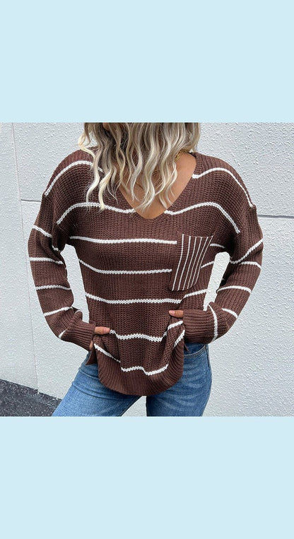 Striped V-Neck Slit Dropped Shoulder Sweater