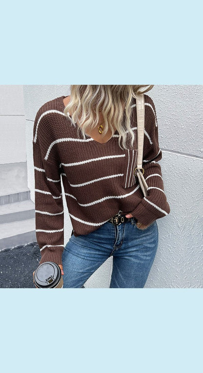 Striped V-Neck Slit Dropped Shoulder Sweater