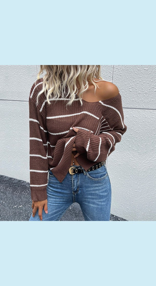 Striped V-Neck Slit Dropped Shoulder Sweater